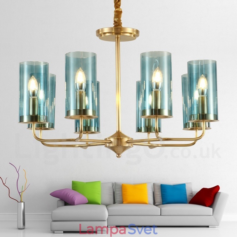 8 Ľahký retro rustikálny luxusný mosadzný závesný lampový luster so skleneným tienidlom