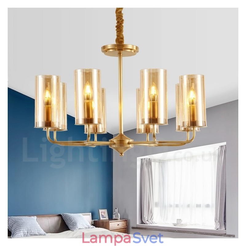 8 Ľahký retro rustikálny luxusný mosadzný závesný lampový luster so skleneným tienidlom