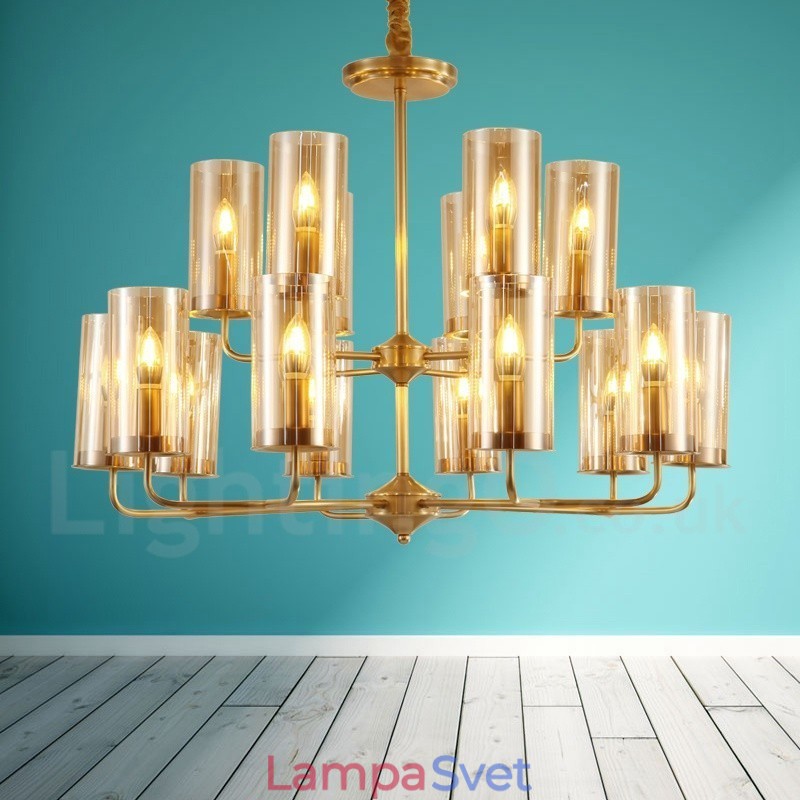 16 Ľahký retro rustikálny luxusný mosadzný závesný lampový luster so skleneným tienidlom