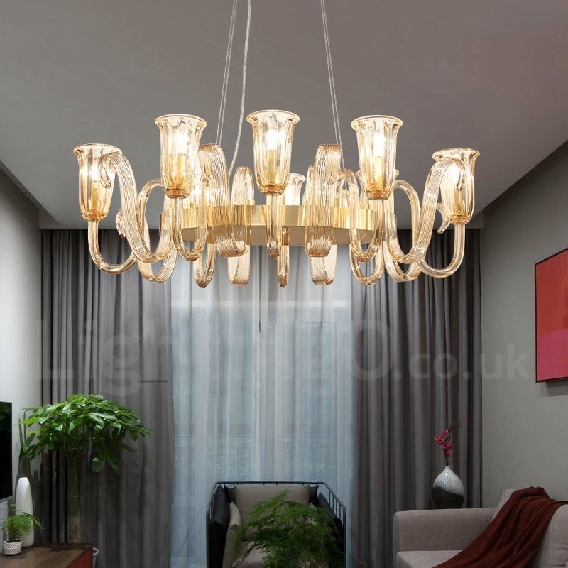 8 Ľahký retro rustikálny luxusný závesný luster z hliníkovej zliatiny so skleneným tienidlom