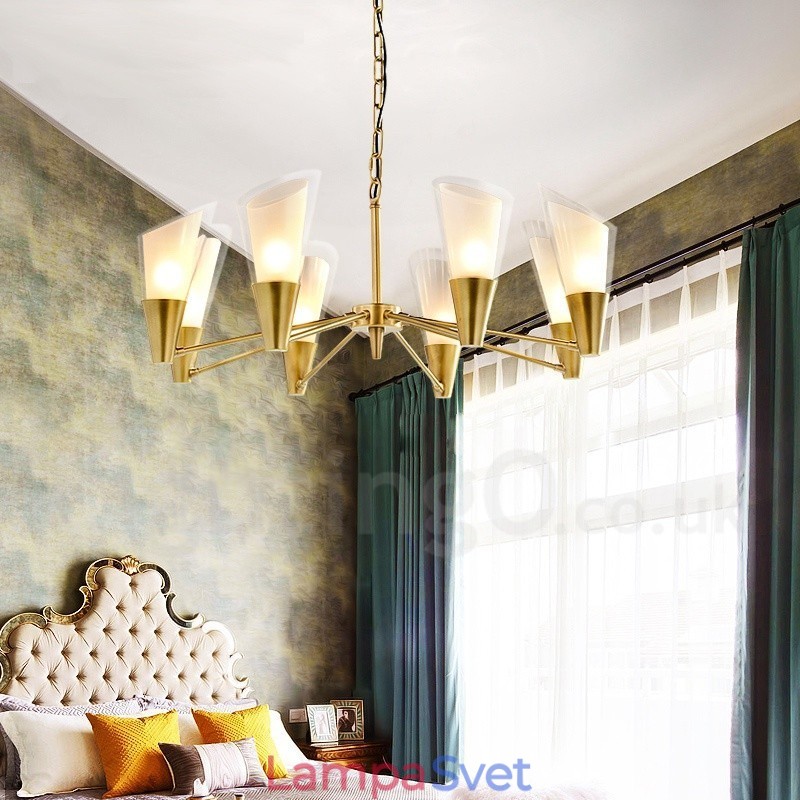 8 Ľahký retro rustikálny luxusný mosadzný závesný lampový luster so skleneným tienidlom
