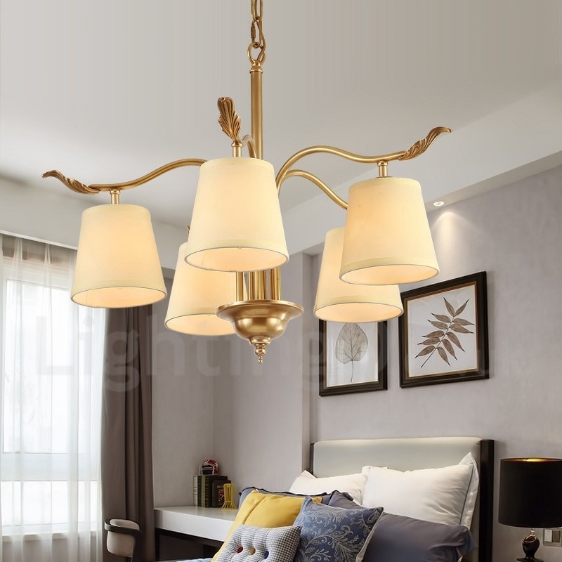 5 Ľahký retro rustikálny luxusný mosadzný závesný luster s látkovým tienidlom