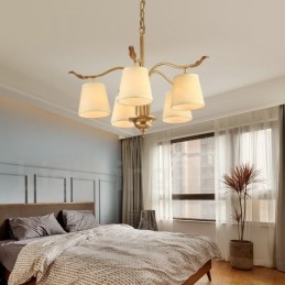 5 Ľahký retro rustikálny luxusný mosadzný závesný luster s látkovým tienidlom