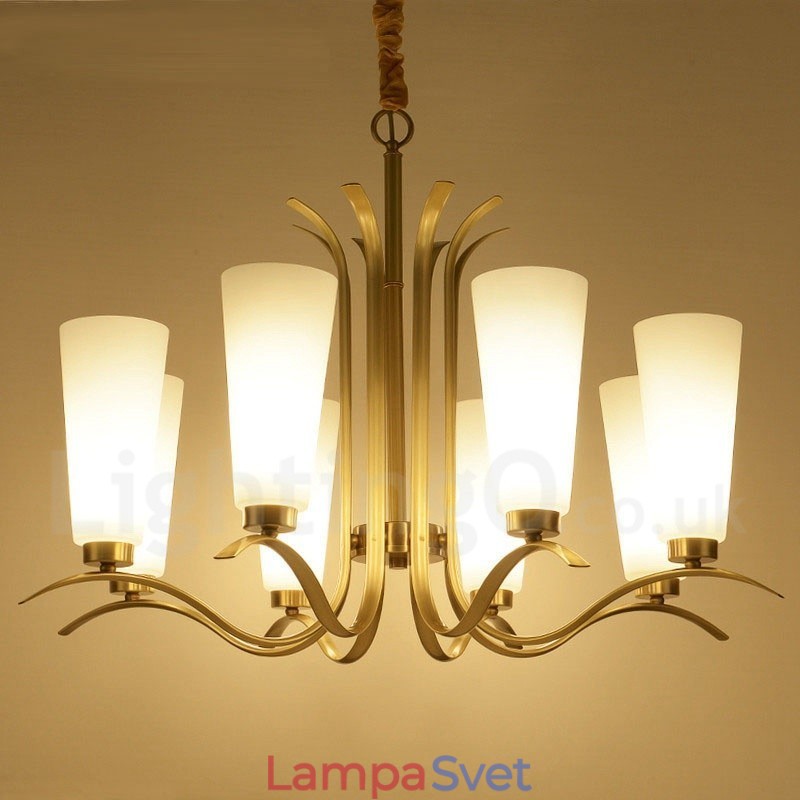 8 Ľahký retro rustikálny luxusný mosadzný závesný lampový luster so skleneným tienidlom