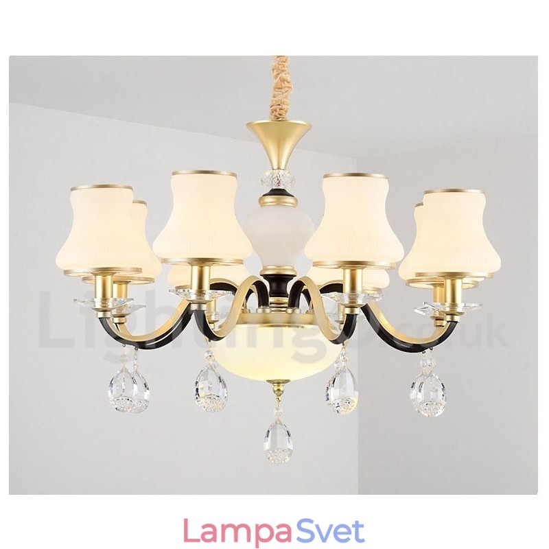 8 Ľahký retro rustikálny luxusný krištáľový závesný lampový luster so skleneným tienidlom