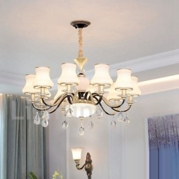 Retro rustikálny luxusný krištáľový závesný lampový luster so skleneným tienidlom