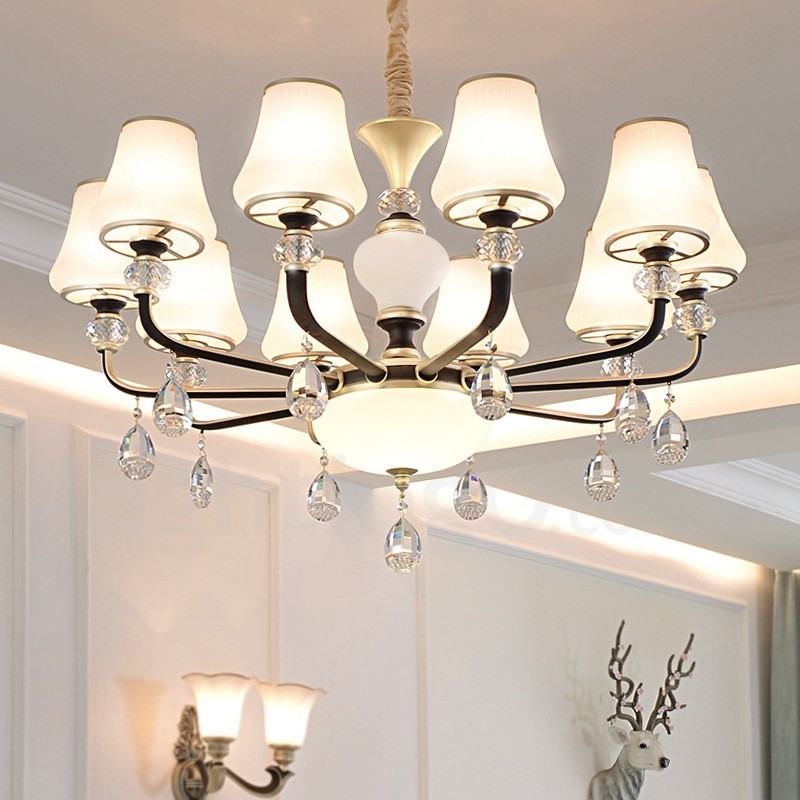 Moderný moderný retro luxusný krištáľový závesný lampový luster so skleneným tienidlom