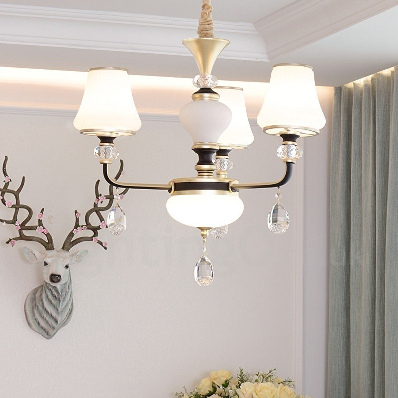 Moderný moderný retro luxusný krištáľový závesný lampový luster so skleneným tienidlom