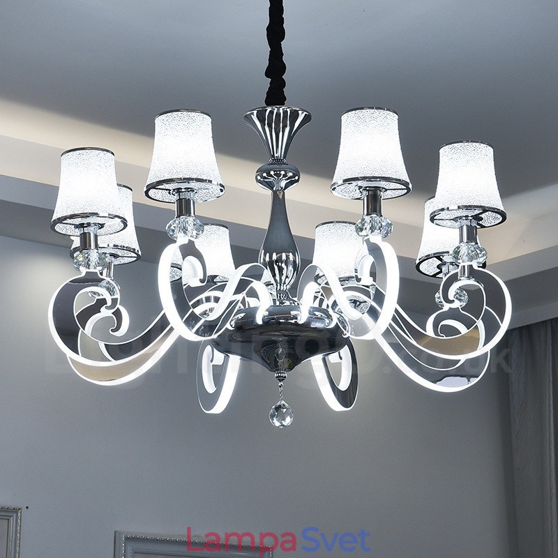 Stmievateľný moderný súčasný 8 ľahký oceľový luster so skleneným tienidlom