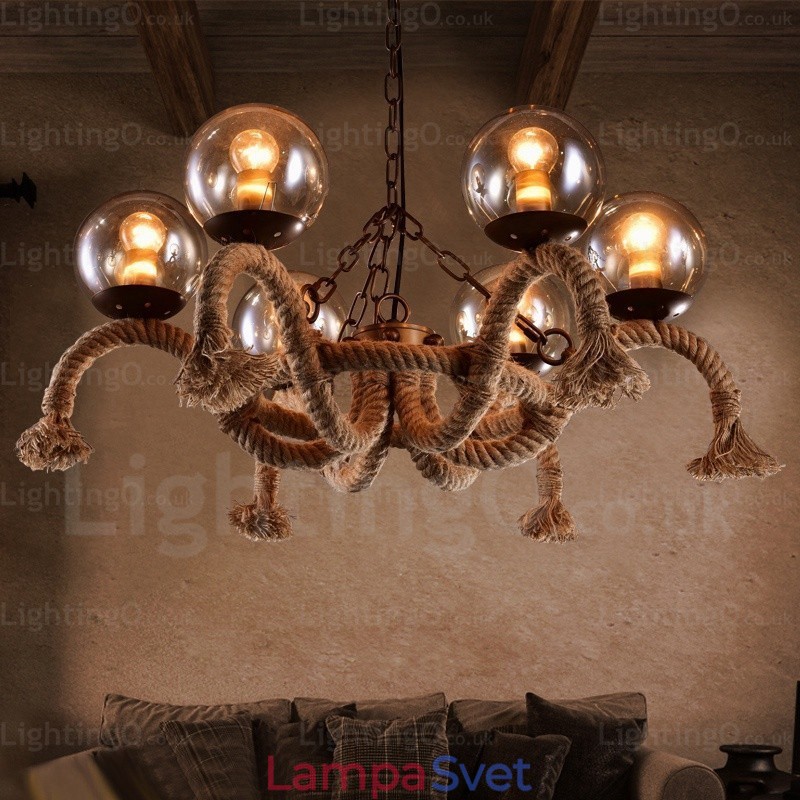 6 Light Vintage Retro závesné svietidlo so skleneným tienidlom
