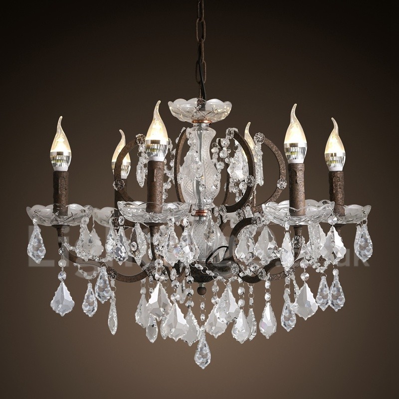 6 Svetlo s priemerom 60CM Vintage Crystal Maľba Kovový luster Hrdzavá železná farba Závesné svetlo