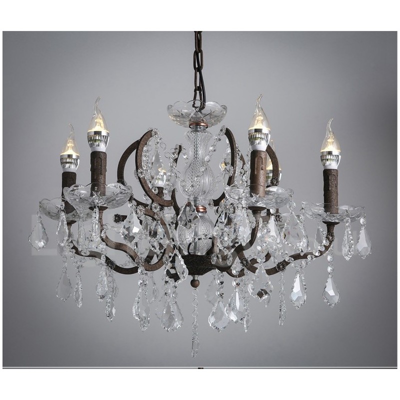 6 Svetlo s priemerom 60CM Vintage Crystal Maľba Kovový luster Hrdzavá železná farba Závesné svetlo