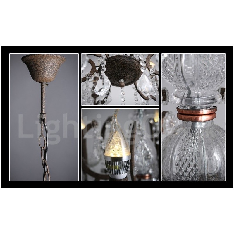 6 Svetlo s priemerom 60CM Vintage Crystal Maľba Kovový luster Hrdzavá železná farba Závesné svetlo