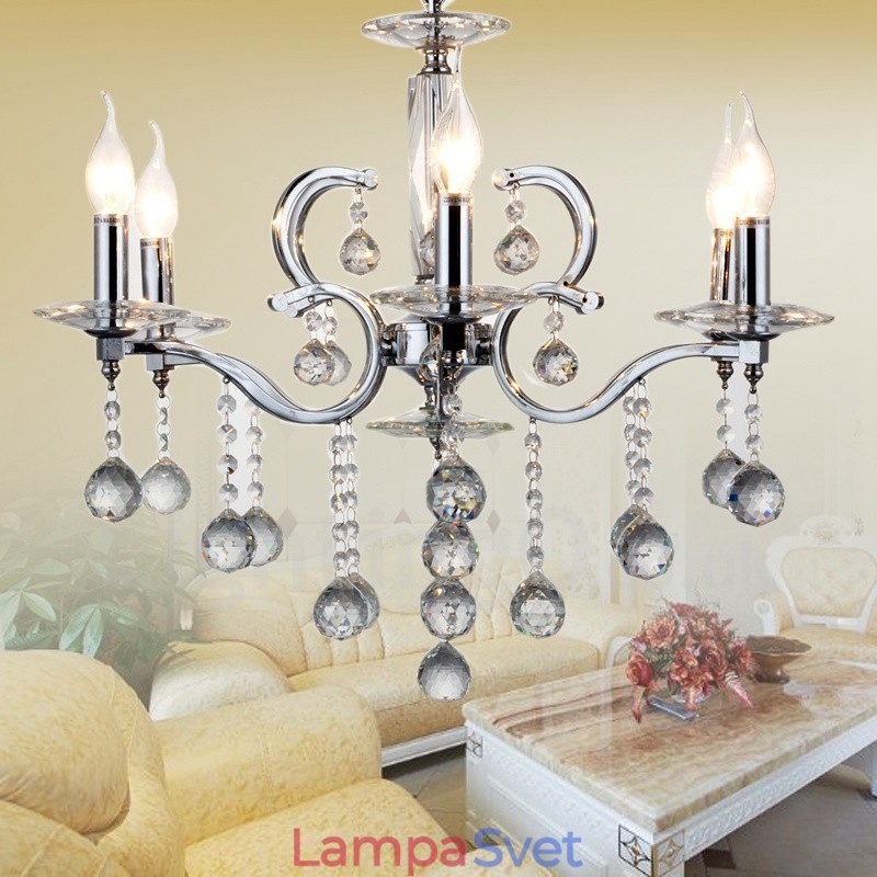 Chrómový elegantný krištáľový sviečkový luster