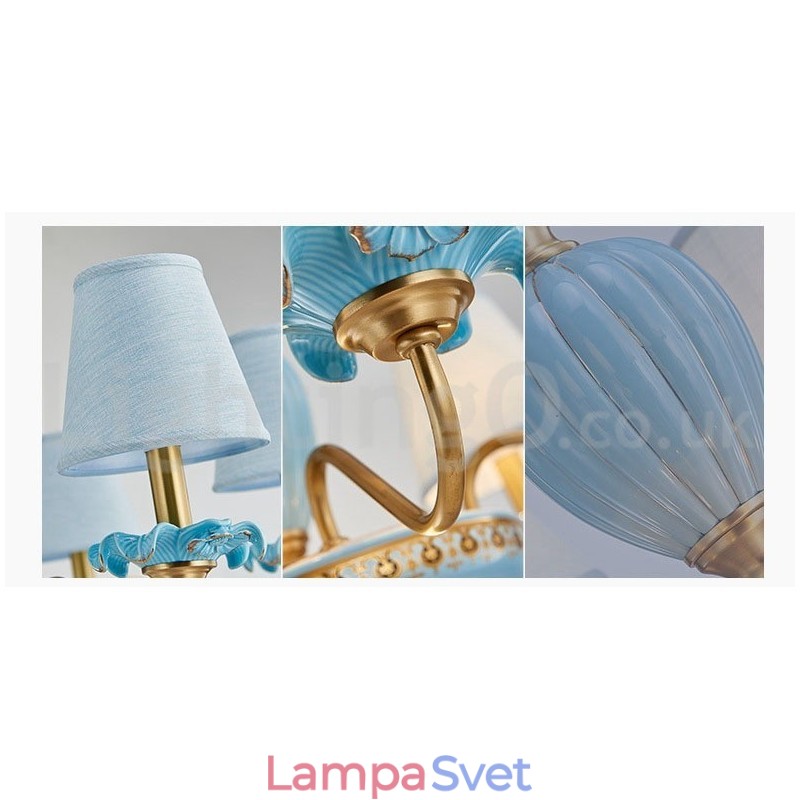 Retro Vintage mosadzný keramický závesný luster na sviečku s modrými látkovými tienidlami