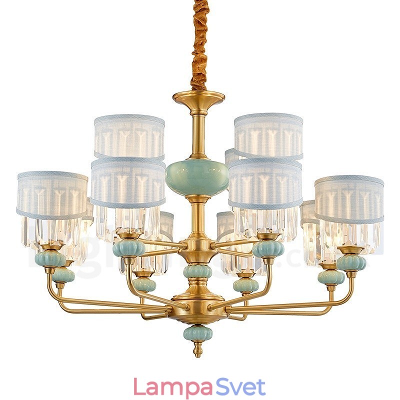 Luxusný rustikálny retro vintage mosadzný keramický závesný luster na sviečku z čistej mosadze s látkovými a krištáľovými tienidlami