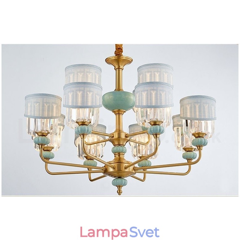 Luxusný rustikálny retro vintage mosadzný keramický závesný luster na sviečku z čistej mosadze s látkovými a krištáľovými tienidlami