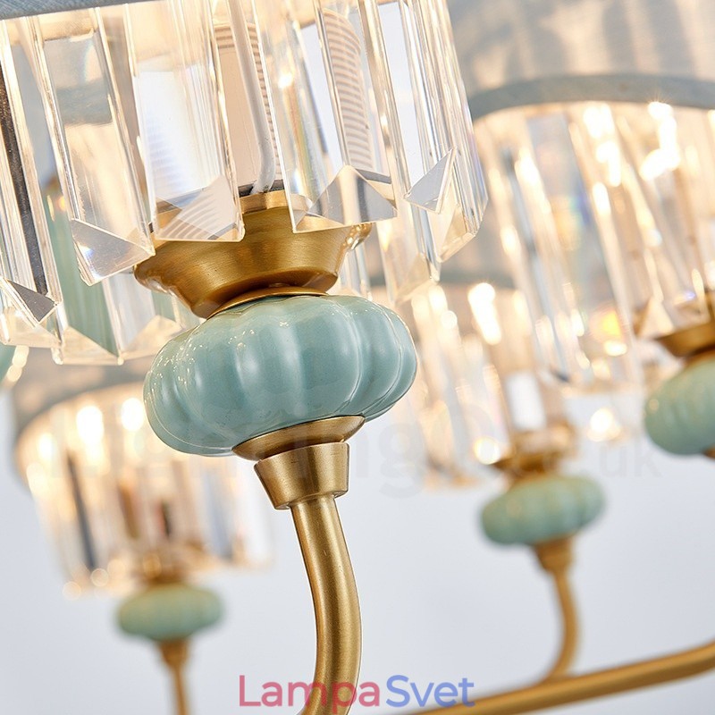 Luxusný rustikálny retro vintage mosadzný keramický závesný luster na sviečku z čistej mosadze s látkovými a krištáľovými tienidlami