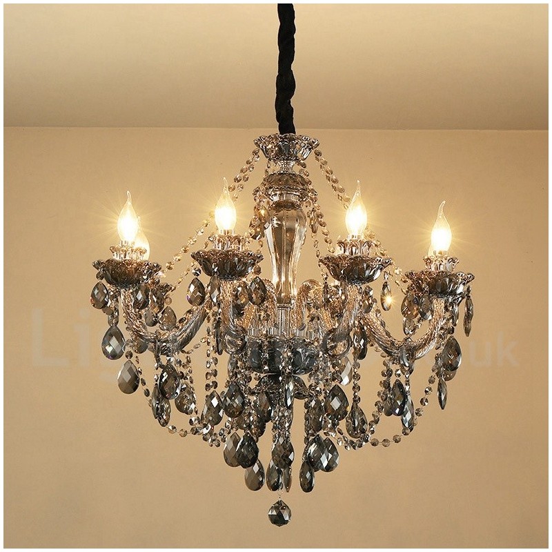 8 svetiel Retro šedá farba K9 Crystal Candle Veľký luster