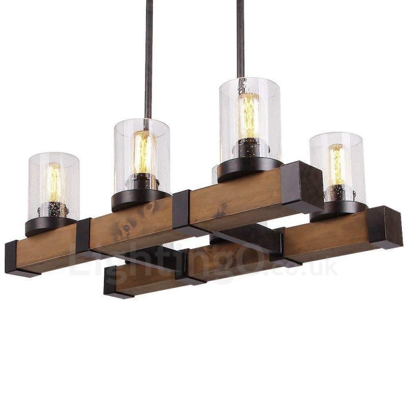6 Light Vintage drevený luster Priemyselné Wind Loft drevené lineárne závesné osvetlenie