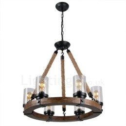 6 Light Ring Vintage drevený luster Priemyselné Wind Loft Drevené lineárne závesné osvetlenie