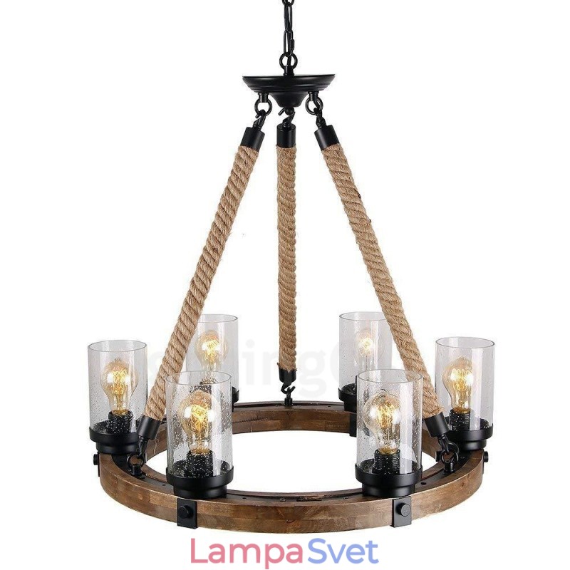 6 Light Ring Vintage drevený luster Priemyselné Wind Loft Drevené lineárne závesné osvetlenie