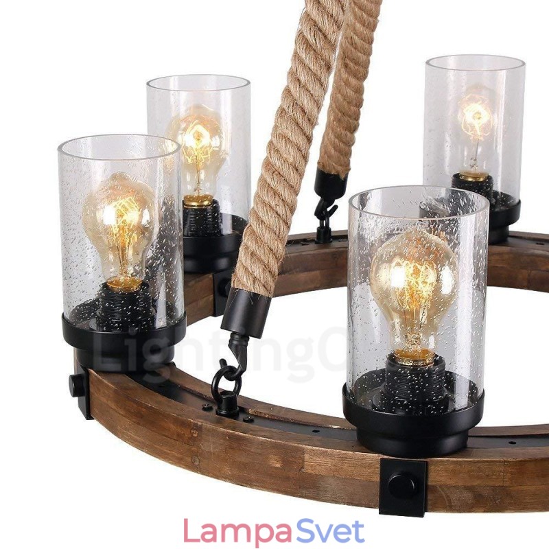 6 Light Ring Vintage drevený luster Priemyselné Wind Loft Drevené lineárne závesné osvetlenie