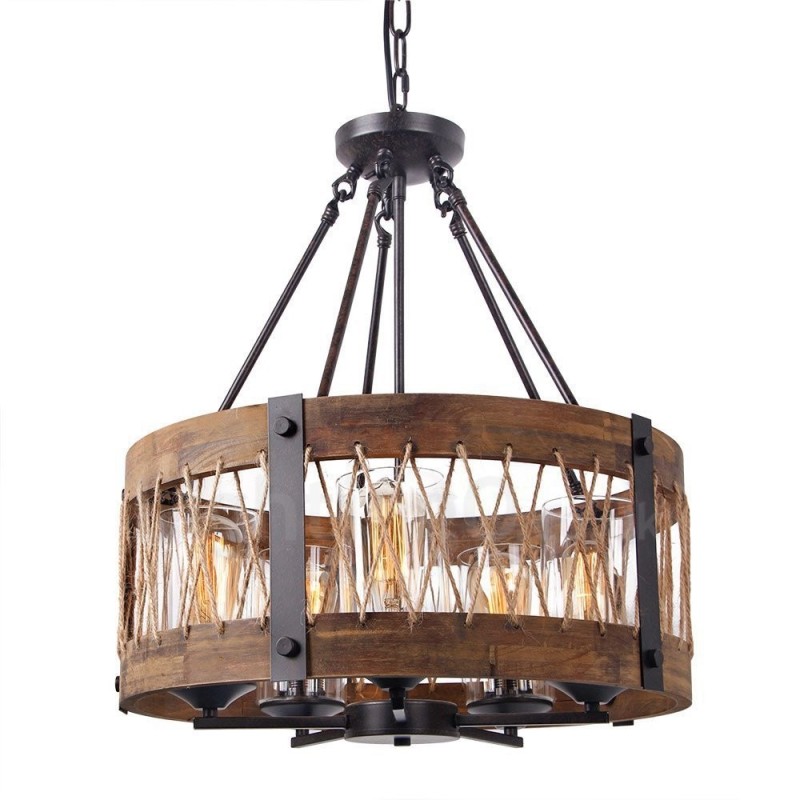 5 Light Drum Vintage drevený luster Priemyselné Wind Loft drevené lineárne závesné osvetlenie