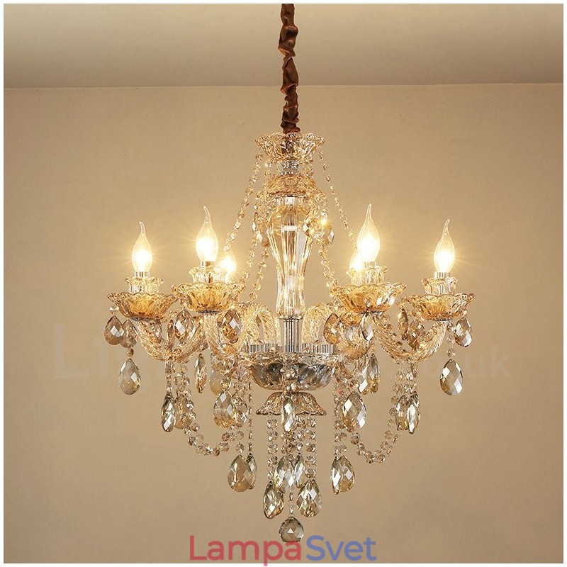 Elegantný krištáľový sviečkový luster 6 svetlého koňaku
