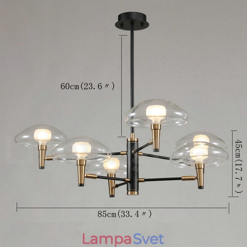 6 osvetlený galvanicky lakovaný luster so sklenenými tienidlami