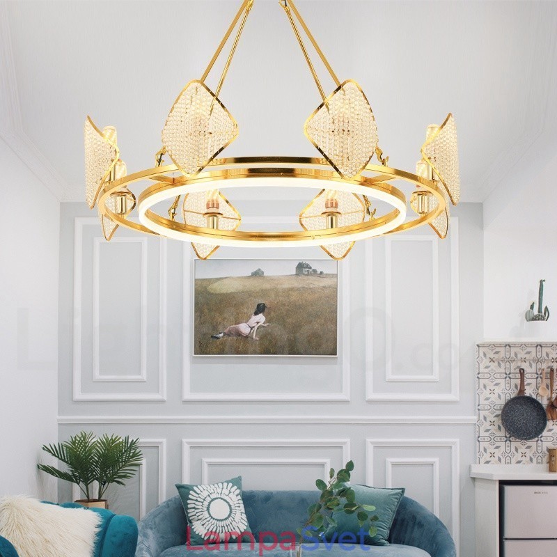 Zlaté postmoderné luxusné okrúhle krištáľové závesné lusterové svietidlo K9 s akrylovým tienidlom Výstavná sieň