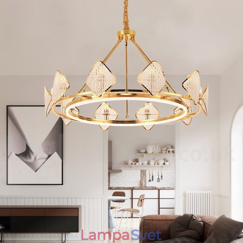 Zlaté postmoderné luxusné okrúhle krištáľové závesné lusterové svietidlo K9 s akrylovým tienidlom Výstavná sieň