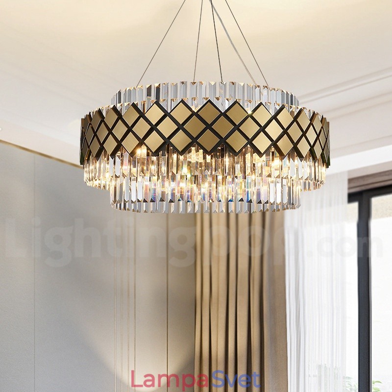 Luxusný moderný zlatý plus čierny okrúhly krištáľový závesný luster K9 výstavná sieň