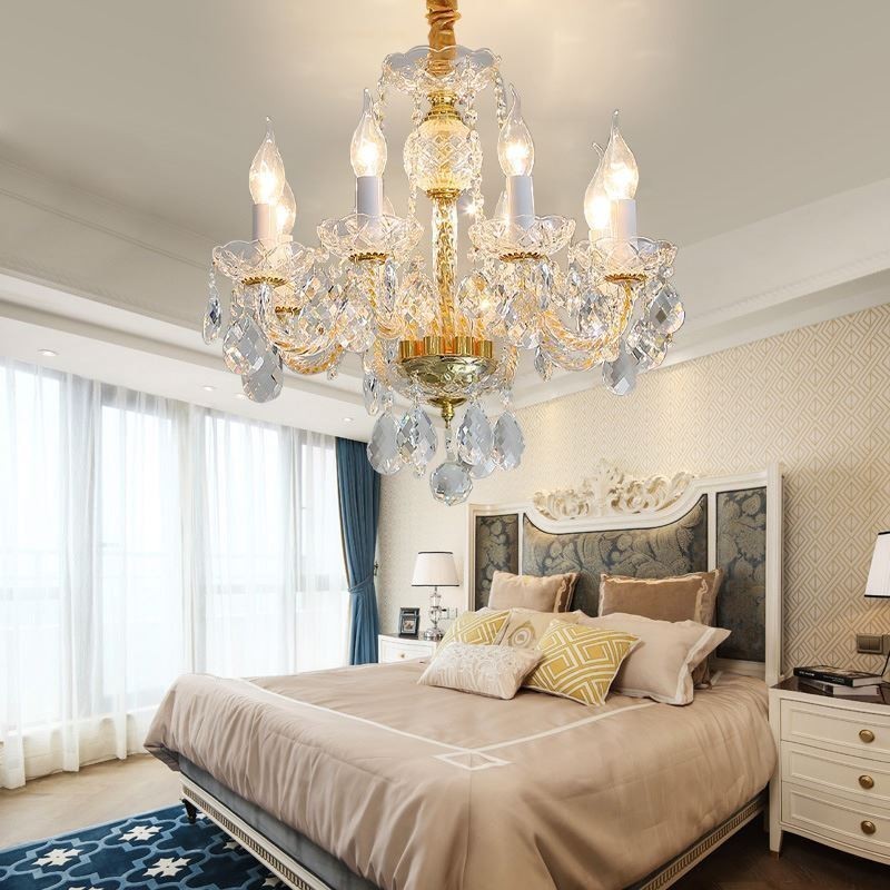 Európsky číry krištáľový luster zo skla Telo lampy 8 svetiel Stropná lampa so zlatým telom