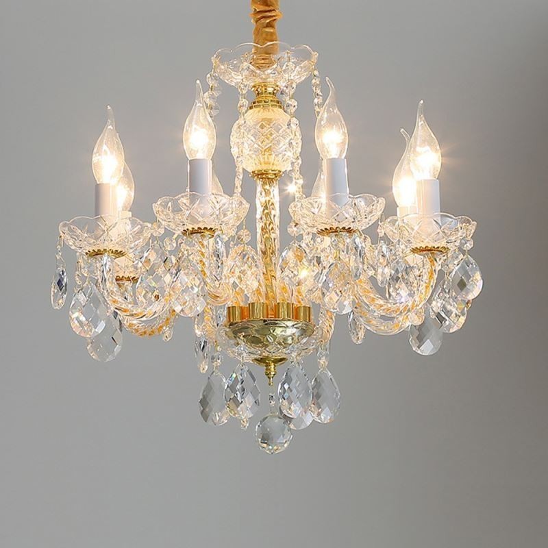 Európsky číry krištáľový luster zo skla Telo lampy 8 svetiel Stropná lampa so zlatým telom