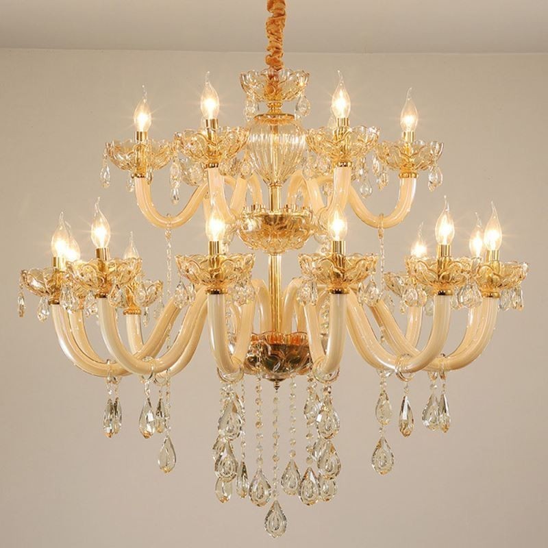 Elegantný krištáľový luster European Cognac Color Stropné svetlo Sklenené telo Dvojvrstvové 12+6 svetiel