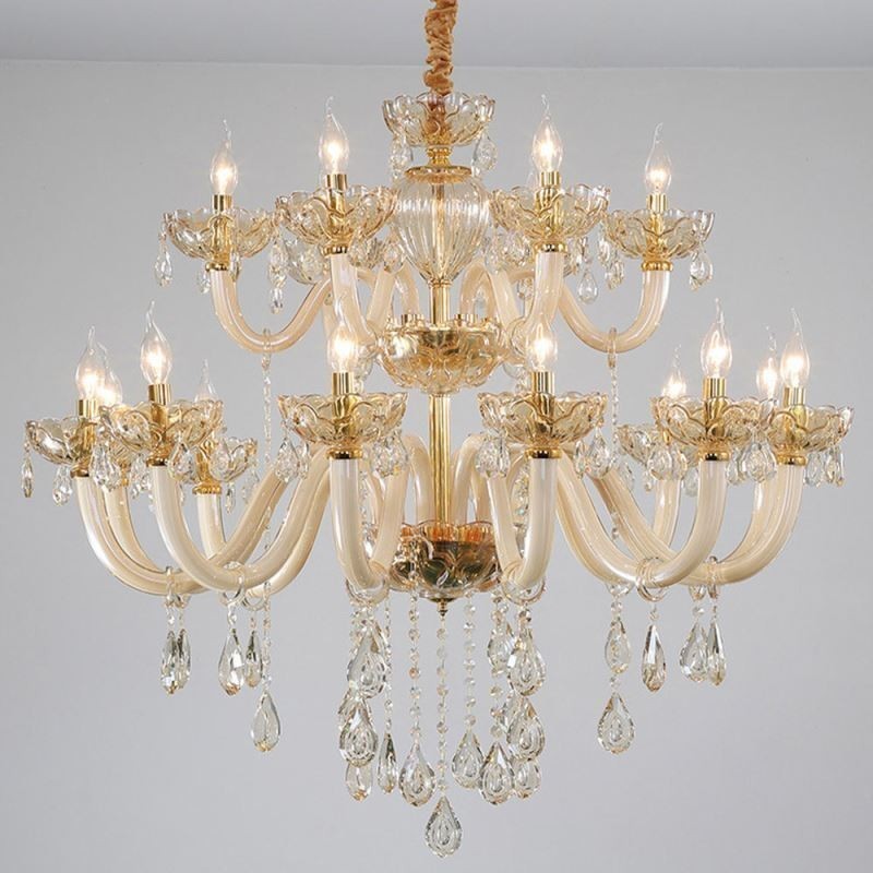 Elegantný krištáľový luster European Cognac Color Stropné svetlo Sklenené telo Dvojvrstvové 12+6 svetiel