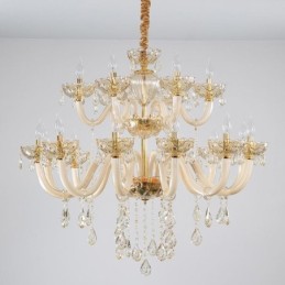 Elegantný krištáľový luster European Cognac Color Stropné svetlo Sklenené telo Dvojvrstvové 12+6 svetiel