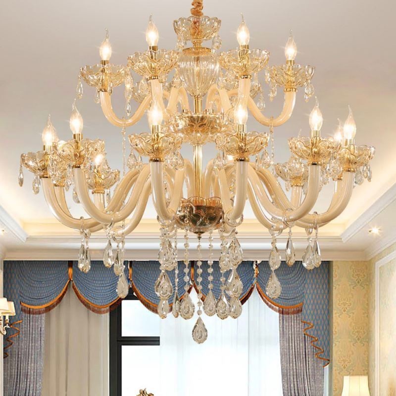 Elegantný krištáľový luster European Cognac Color Stropné svetlo Sklenené telo Dvojvrstvové 12+6 svetiel