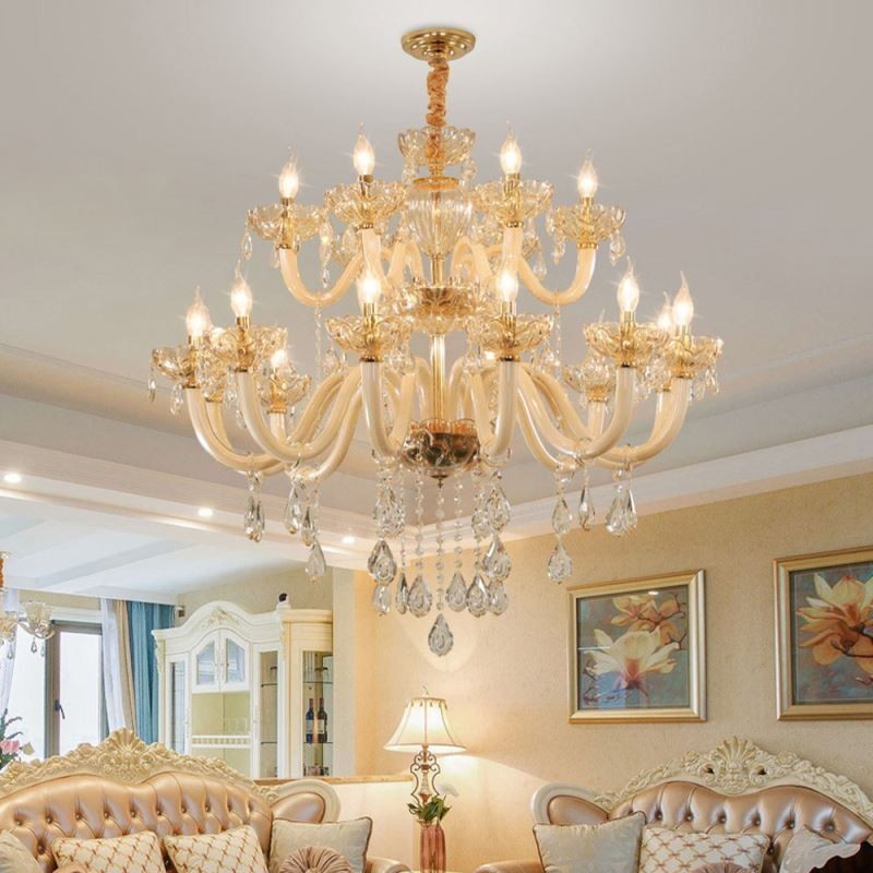 Elegantný krištáľový luster European Cognac Color Stropné svetlo Sklenené telo Dvojvrstvové 12+6 svetiel
