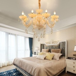 Pútavý krištáľový luster Európsky koňak farebný stropná lampa sklenené telo 8 svetiel