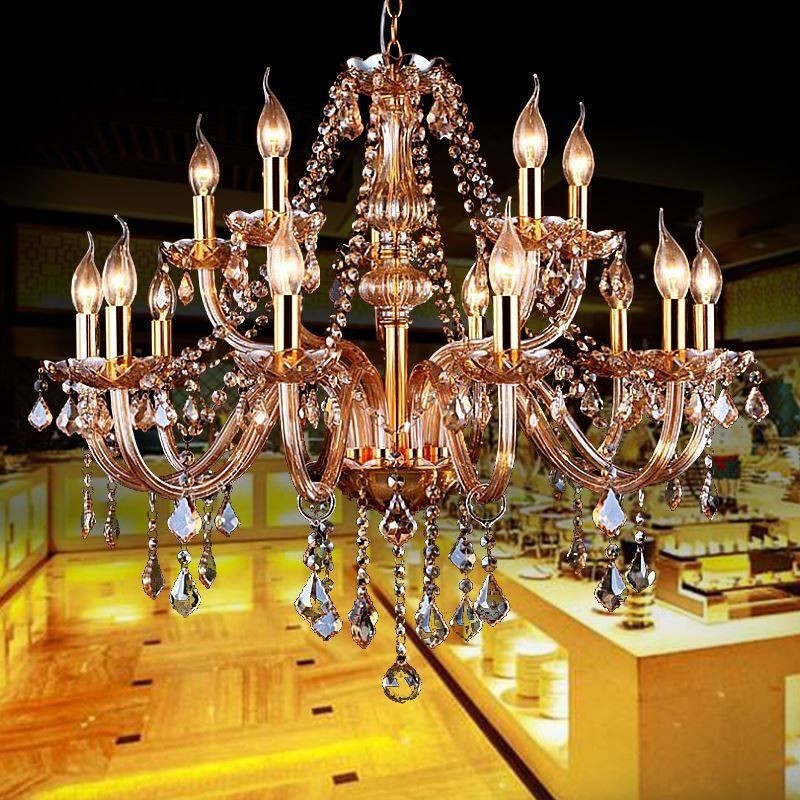 Európsky krištáľový luster Elegantný veľký závesný svetlý jantárový