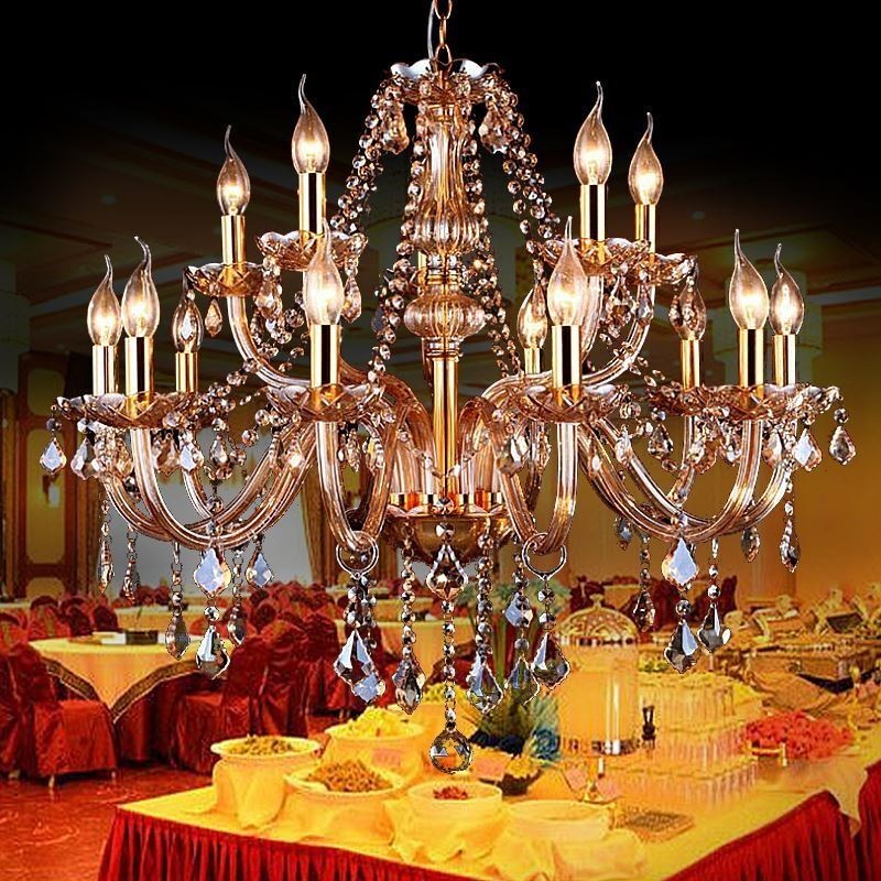 Európsky krištáľový luster Elegantný veľký závesný svetlý jantárový