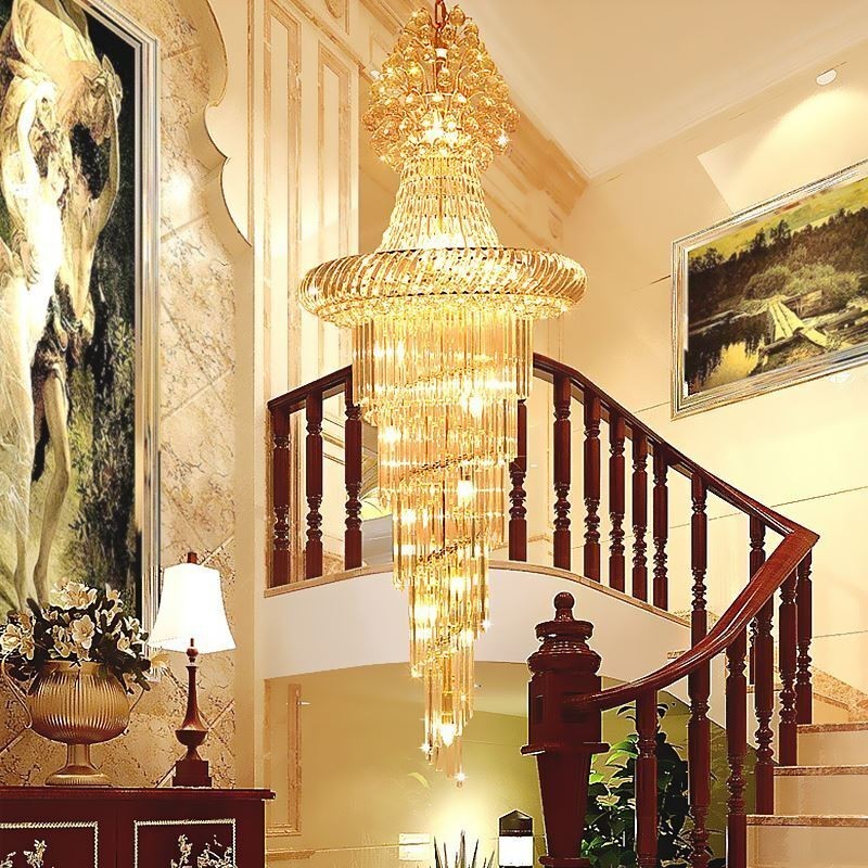Luxusný krištáľový luster Moderné európske elegantné dlhé závesné dvojpodlažné schodisko