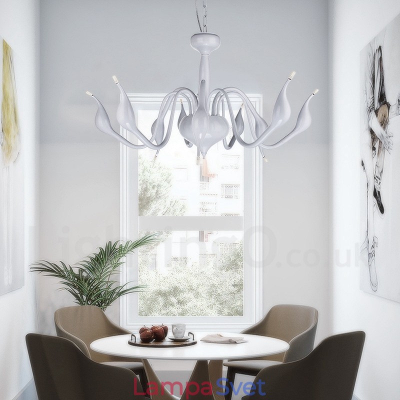 18 svetiel Stainless Post Modern Swan Luster Light G4 White Dokončené