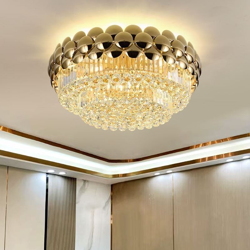 Krištáľové stropné okrúhle galvanicky pokovované zlaté luxusné stropné svietidlo pod omietku 80 cm