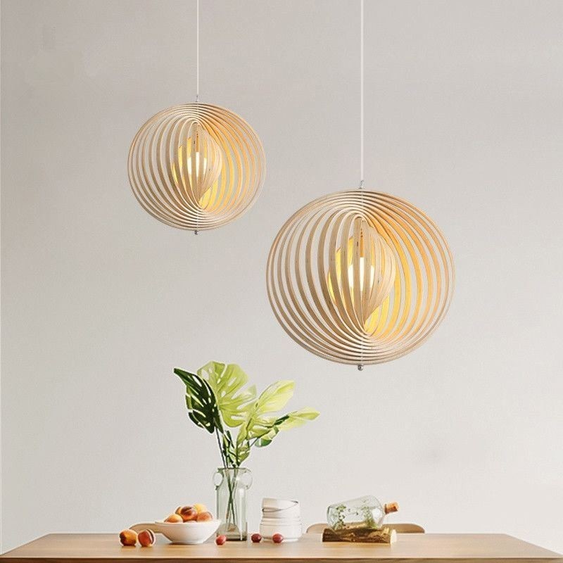 Moderný okrúhly guľový luster Závesná lampa z lipového dreva