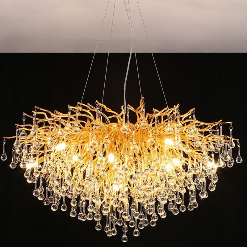 Severský krištáľový luster Kvetinové okrúhle tienidlo Luxusné zlaté závesné svetlo