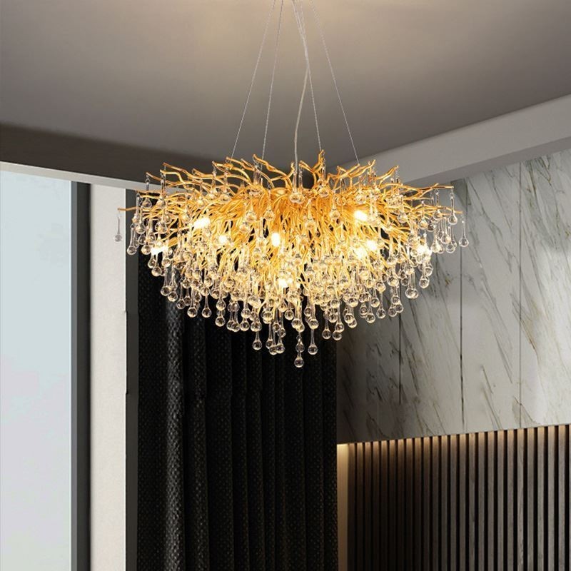 Severský krištáľový luster Kvetinové okrúhle tienidlo Luxusné zlaté závesné svetlo