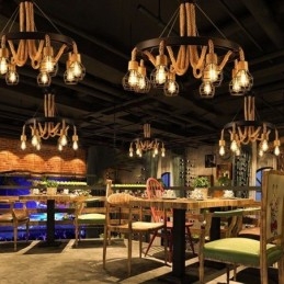 Retro štýlový 6-hlavý závesný luster z konopného lana so železným tienidlom